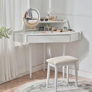 CAVINAS Corner Makeup Vanity 360-Degree Rotating Mirror Dressing Table with Mirror with Large Storage Space Vanity with Drawers for Bedroom, White - 1 of 4