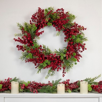 Artificial Frosted Red Berry and Pine Christmas Wreath, 28-Inch