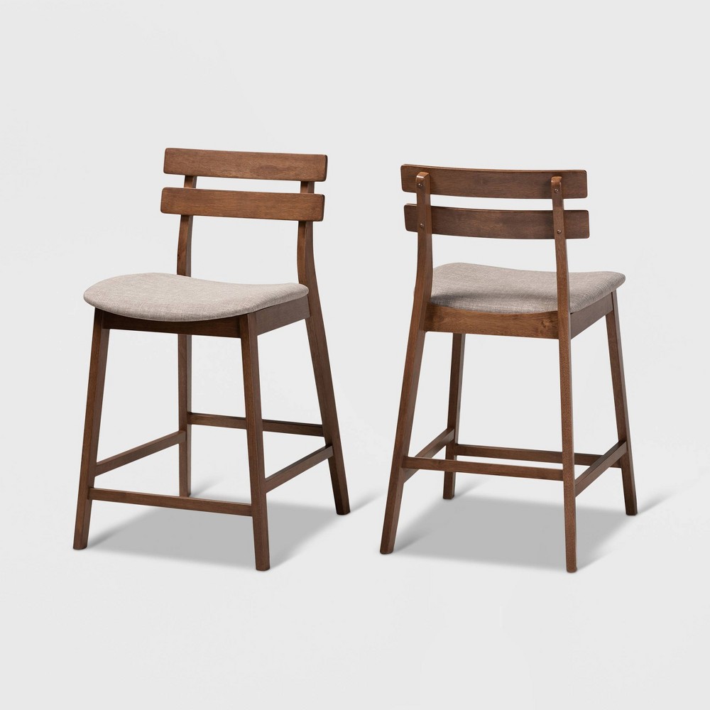 Photos - Chair Set of 2 Larine Wood Counter Height Barstools Walnut/Light Gray - Baxton S