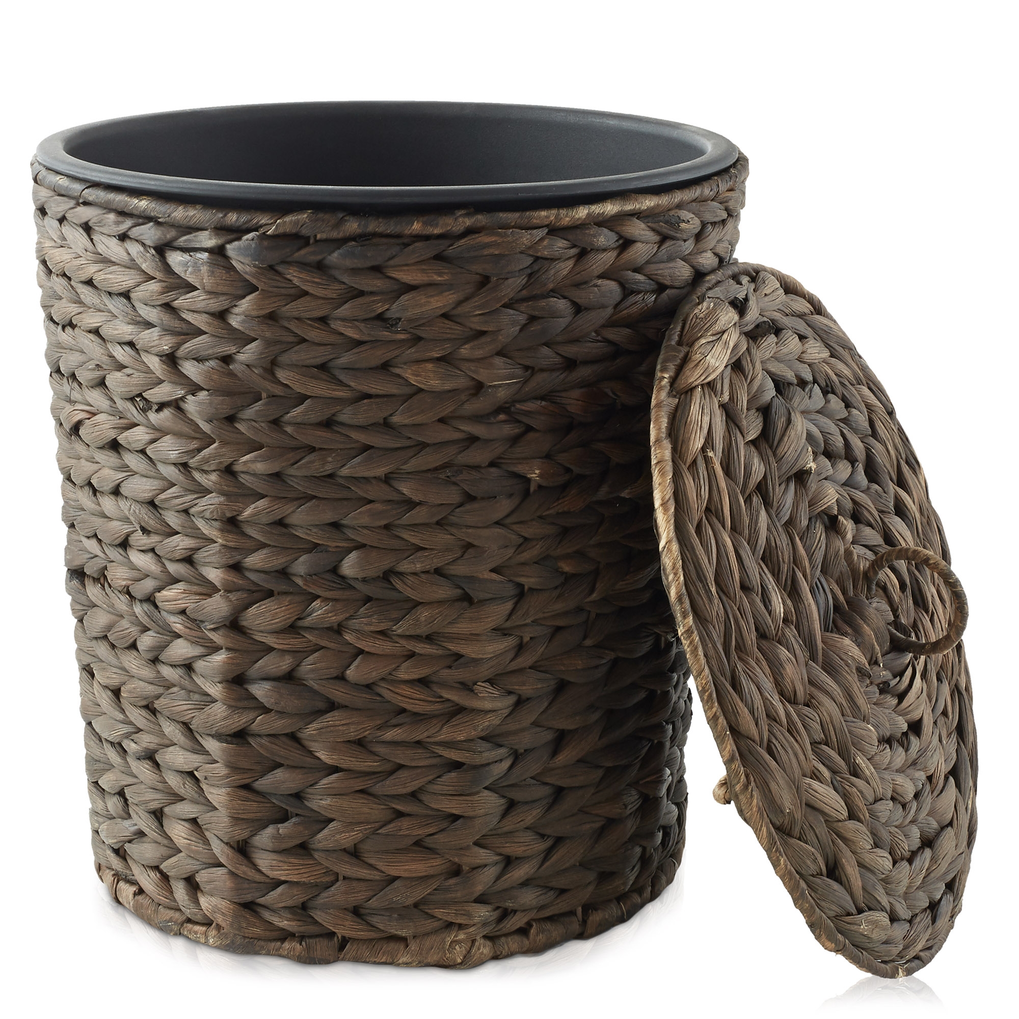 Casafield Hyacinth Trash Can with Lid and Liner - Espresso Brown, Woven Wicker Waste Basket for the Bathroom, Bedroom, Laundry Room, Home Office
