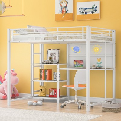 Full/Twin Size Loft Bed with Desk and Whiteboard, Metal Bed with 3 Shelves and Ladder - ModernLuxe