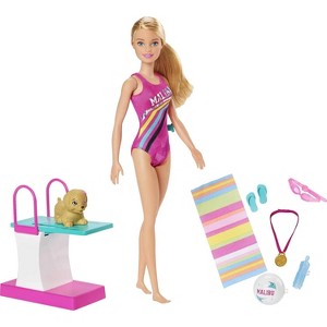 Barbie Dreamhouse Adventures Swim ‘n Dive Doll, 11.5-inch in Swimwear, with Diving Board and Puppy - 1 of 4