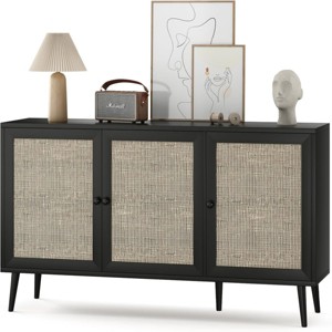 SEVOBAL Utility Storage Cabinets Three Door Rattan Buffet Sideboard Natural Texture Hidden Storage Dining Living Entryway, Black, 15"*42"*28" - 1 of 4