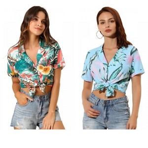 Allegra K Women's Hawaiian Floral Leaves Printed Short Sleeve Button Down Vintage Shirt 2 Pcs - 1 of 4