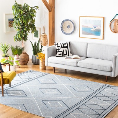 Light Blue and Ivory Wool Cotton Flat Woven Area Rug, 6' x 9'
