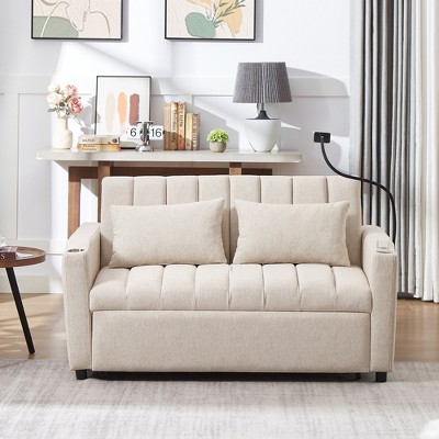 XIYUYEU 55.9 Inch Sofa Bed,Convertible Loveseat with 3 USB Ports & 2 Side Pockets & 2 Cup Holders,Small Couch for Living Room