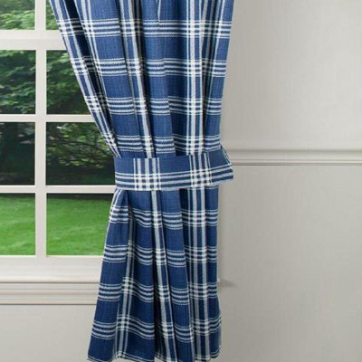 Blue Cotton Plaid Rod Pocket Window Curtains 84"
