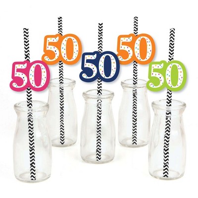 Big Dot of Happiness 50th Birthday - Cheerful Happy Birthday - Paper Straw Decor - Fiftieth Birthday Party Striped Decorative Straws - Set of 24