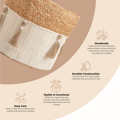 Round Cotton and Jute Boho Storage Bin with Tassels