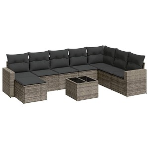 vidaXL 9 Piece Patio Sofa Set with Cushions Gray Poly Rattan - With Table - 1 of 4