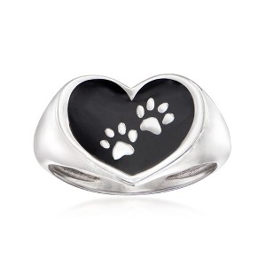Ross-Simons Italian Sterling Silver and Black Enamel Paw Print Heart Ring - 1 of 4