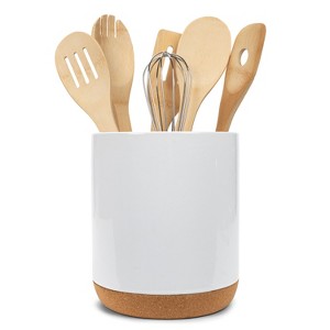 Elanze Designs Glossy X-Large Ceramic Stoneware Cork Bottom Kitchen Utensil Holder, White - 1 of 4