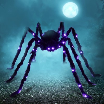 Joyfy Halloween 5FT LED Light-up Spider, Black Hairy Spider Outdoor Decor, Large Spiders for Halloween Decoration Outdoor Yard Lawn Garden Party Prop