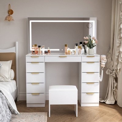 Pamapic 11-Drawers Makeup Vanity with Lighted Mirror and Dressing Stool