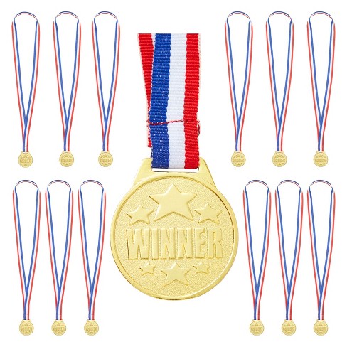 TOY-GOLD SILVER BRONZE WINNERS MEDALS+NECK CORDS/STRAPS-ACHIEVEMENT PRIZE AWARD 
