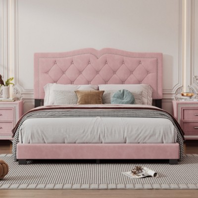Modern Velvet Upholstered Platform Bed with Tufted Headboard,Sturdy Wood Frame,Queen Size-Maison Boucle