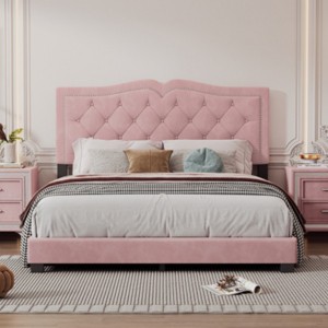 Modern Velvet Upholstered Platform Bed with Tufted Headboard,Sturdy Wood Frame,Queen Size-Maison Boucle - 1 of 4