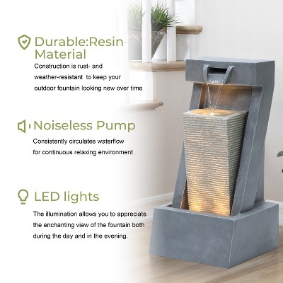 Gray Resin 2-Column Sculpture Outdoor Fountain with LED Lights