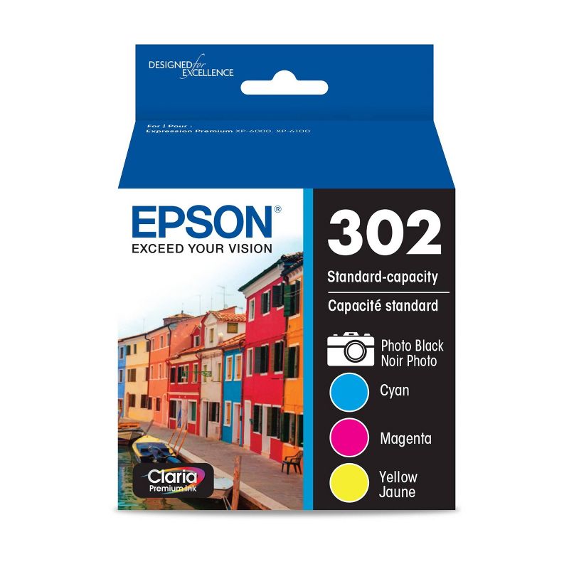 Epson 302 Black, C/M/Y 4pk Ink Cartridges - Black, Cyan, Magenta, Yellow (T302520-CP), 1 of 10