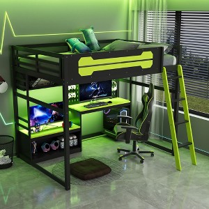 Full Size Loft Bed with Desk & Shelves, Wood Loft Bed Frame with LED Lights, USB Ports & Pegboard - ModernLuxe - 1 of 4