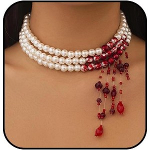 Gothic Blood Drop Fringe Choker With Crystal & Pearl Beads For Vampire Halloween Punk Jewelry - 1 of 4
