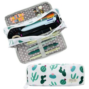 Wrapables Large Capacity Pencil Case, 3 Compartment Pencil Pouch for Stationery Pens, Cactus - 1 of 4