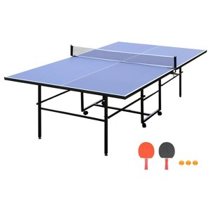 Belatt 9ft Foldable Ping Pong Table Set - Professional Indoor/Outdoor MDF Table Tennis with Net, 2 Paddles, 3 Balls, Wheels Blue - 1 of 4