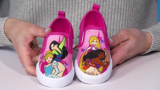 Disney Princess Girls No Lace Shoes - Kids Disney Character Loafer Low top SlipOn Casual Tennis Canvas Sneakers (size 5-12 toddler - little kid), 2 of 8, play video