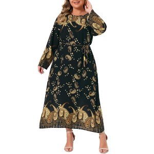 Agnes Orinda Women's Plus Size Boho Pattern Crew Neck Long Sleeve Flowy Casual A Line Maxi Dress with Belt - 1 of 4