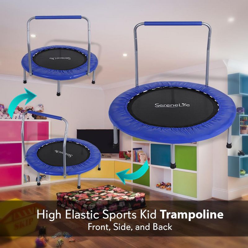 SereneLife 36 Inch Portable Folding Highly Elastic Fitness Jumping Fun Sports Trampoline with Handrail, Padded Cushion, and Travel Bag, Kids Size, 3 of 7