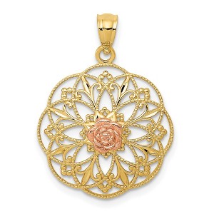 Black Bow Jewelry 14k Two Tone Gold Round Filigree Rose Pendant, 19mm (3/4 inch) - 1 of 4