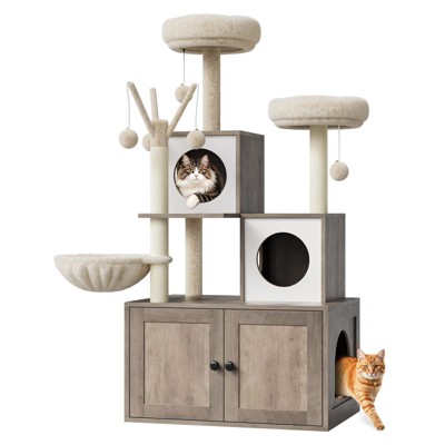 Cat Litter Box Enclosure, 54 Inch 2-in-1 Modern Multi-Level Pussy Tower Condo Toilet Furniture