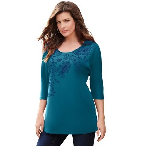 Roaman's Women's Plus Size Three Quarter Sleeve Embellished Tunic - 1 of 4