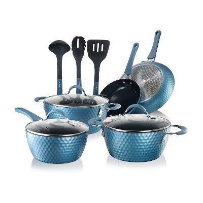 NutriChef NCCW11BD 11 Piece Nonstick Ceramic Coating Diamond Pattern Kitchen Cookware Pots and Pan Set with Lids and Utensils, Royal Blue