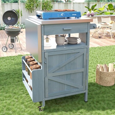 40" Outdoor Barbecue Grill Cart,Fir Wood Outdoor Balcony Storage Cabinet with Drop Leaf and one Drawer,Garden Rolling Kitchen Cart-Coolbibila