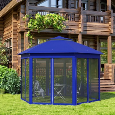Dark Blue Steel Frame Hexagonal Pop-Up Gazebo with Mesh Netting