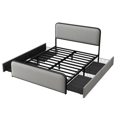 NicBex Queen Size Metal Bed Frame with Curved Upholstered Headboard and 4 Drawers for Adults/Boys/Girls,Gray