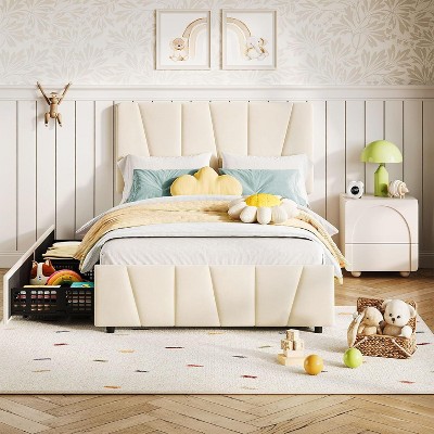 Twin Size Bed Frame with Adjustable Headboard and 2 Storage Drawers, Velvet Upholstered Tufted Platform Bed Frames with Wooden Slats Support, Beige