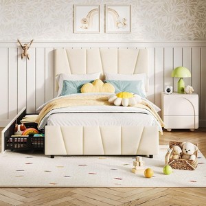 Twin Size Bed Frame with Adjustable Headboard and 2 Storage Drawers, Velvet Upholstered Tufted Platform Bed Frames with Wooden Slats Support, Beige - 1 of 4