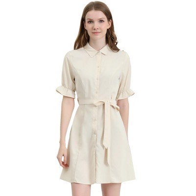 Allegra K Women's Summer Ruffled Short Sleeve Belted Button Down Shirt Dress