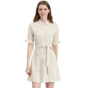 Allegra K Women's Summer Ruffled Short Sleeve Belted Button Down Shirt Dress - 1 of 4