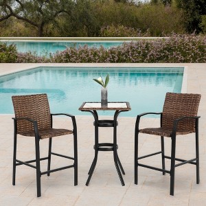 SKRAN 3 Pieces Outdoor Bar Stools Set,Rattan Bar Chairs,with glass table top, Wicker Bar Stools for Backyard, Garden, Pool, Balcony and Deck, Brown - 1 of 4