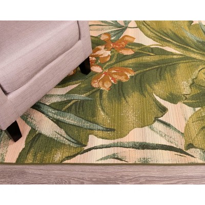 Large Ivory and Green Tropical Leaf Flatwoven Synthetic Rug