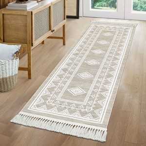 Indoor Tassel Area Rug for Bedroom Living Room - Washable Bordered Farmhouse Carpet, Non-Slip Soft Low Pile Stain-Resistant Mat - 1 of 4