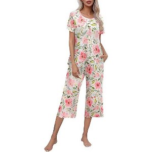 Ekouaer Capri Pajamas for Women Soft Pjs Set Short Sleeve Tee Top Loungewear Soft 2 Piece Sleepwear - 1 of 4