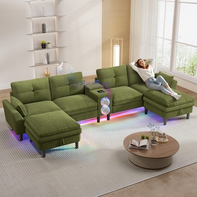 Vipbear 115"Modern Cloud Couch Sectional Sofa with Bluetooth Speaker & USB Charger,LED Light, Storage Ottomans,Comfy Boucle U-Shaped Sectional Couches