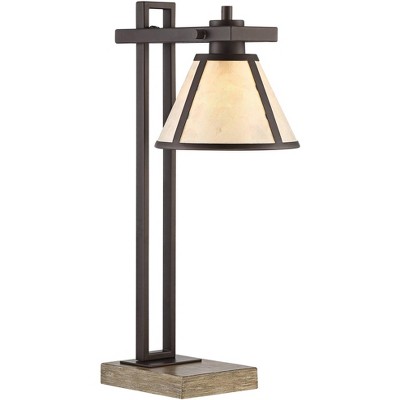 Franklin Iron Works Rustic Farmhouse Desk Table Lamp with USB and AC Power Outlet in Base Bronze Wood Mica Shade Bedroom Office