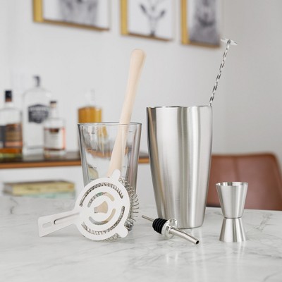 True 7-Piece Stainless Steel and Wood Cocktail Shaker Set