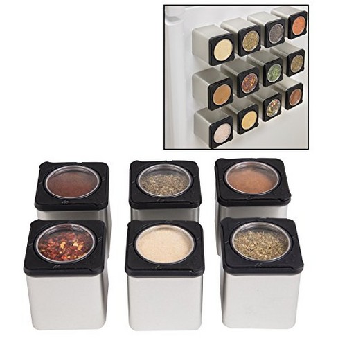 Magnetic Spice Jars Set of 6 Dispensers Dual Shake and Pour Container Openings Modern Sleek Design Tins Attach to Most Refrigerator Doors