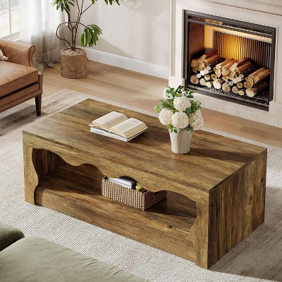 Hommoo 2-Tier Farmhouse Rectangle Coffee Table Rustic Brown